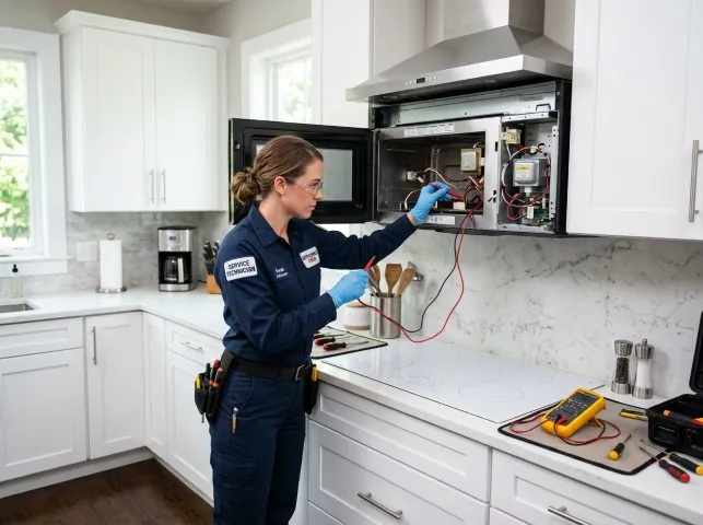 Appliance Repair Hero technician testing an over-the-range microwave in a Auburn, CA kitchen